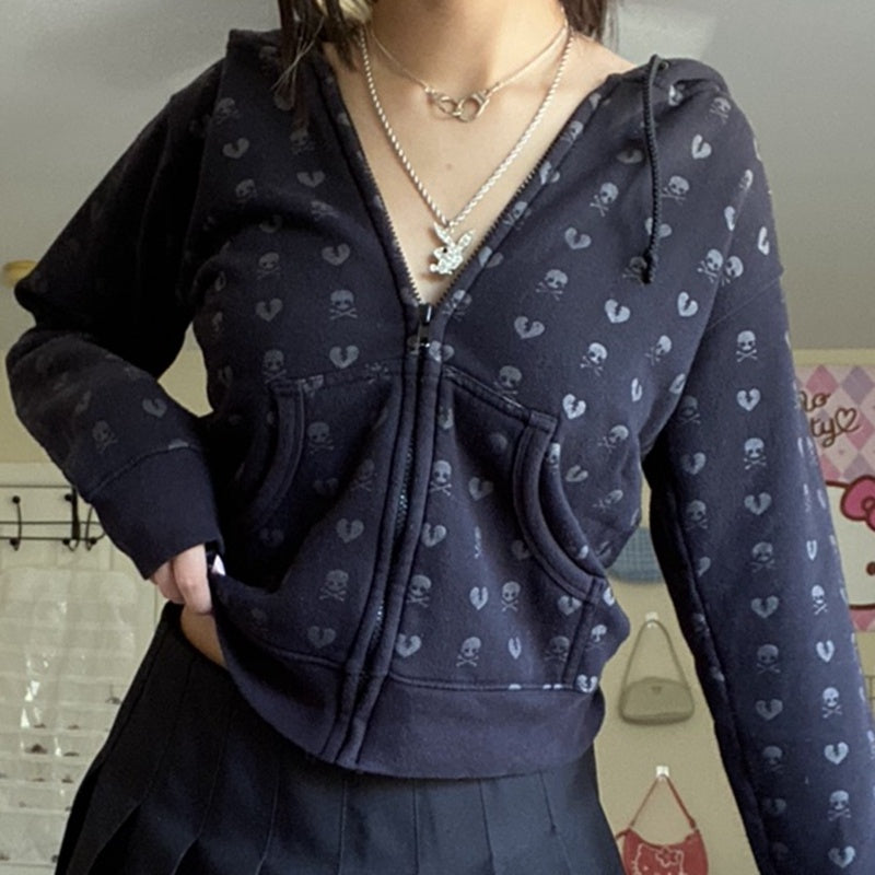 90s Vintage Print Black Sweatshirt Zipper Long Sleeve
