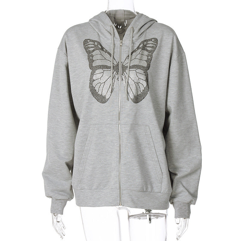Butterfly Rhinestone Zip-Up Hoodie – Oversized 90s E-Girl Streetwear (Grey)