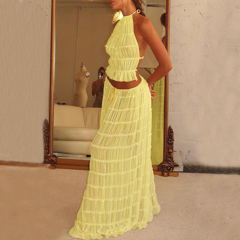 2Pc Backless Halter Crop Top & Long Skirt Set 🌴