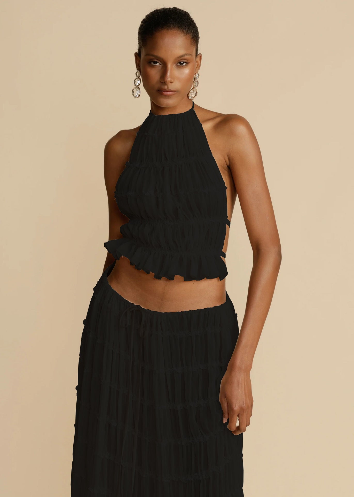 2Pc Backless Halter Crop Top & Long Skirt Set 🌴
