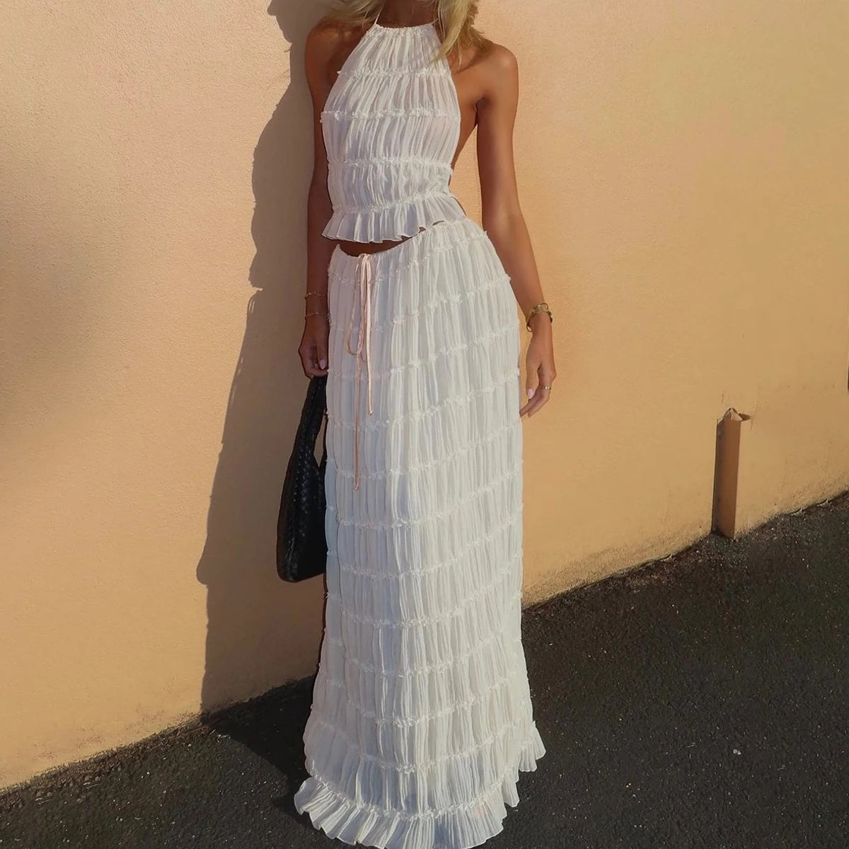 2Pc Backless Halter Crop Top & Long Skirt Set 🌴