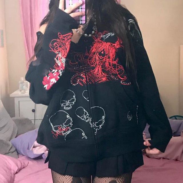 90s Vintage Print Black Sweatshirt Zipper Long Sleeve