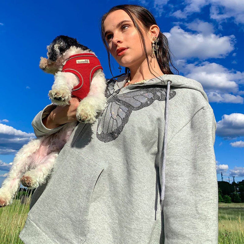 Butterfly Rhinestone Zip-Up Hoodie – Oversized 90s E-Girl Streetwear (Grey)