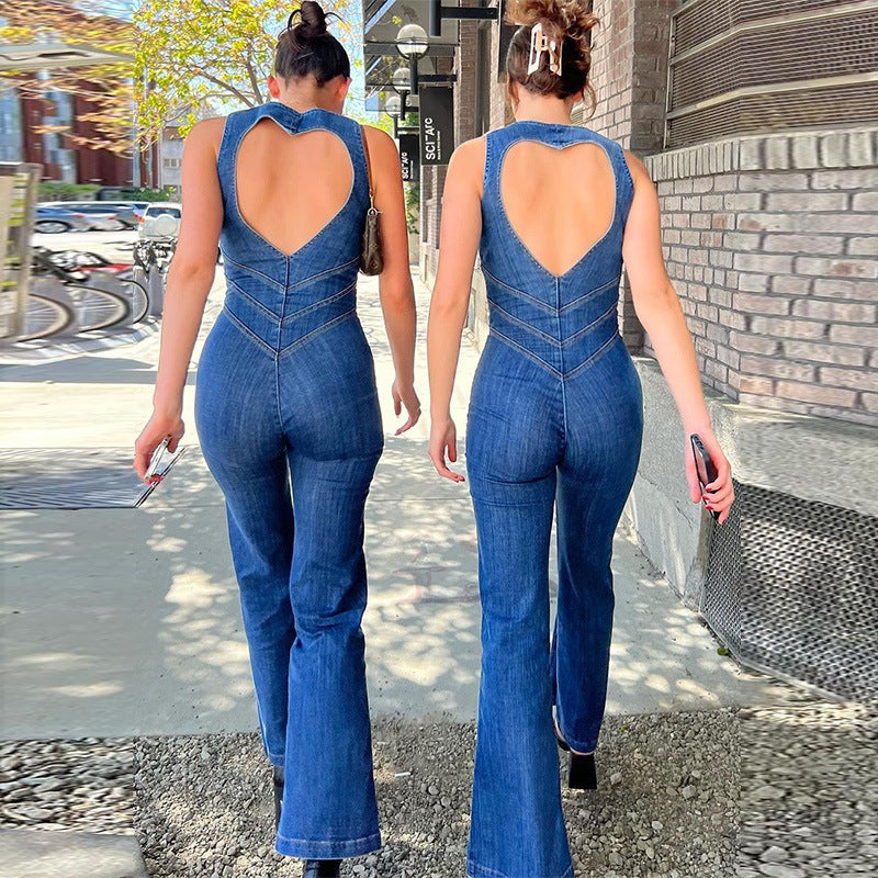 Backless Heart-Shaped Denim Jumpsuit π