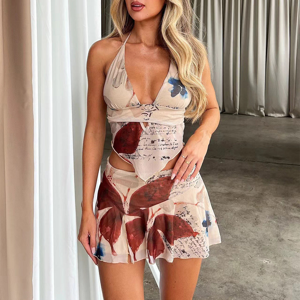 2Pc Printed Halter Top & Pleated Skirt Set 🌸