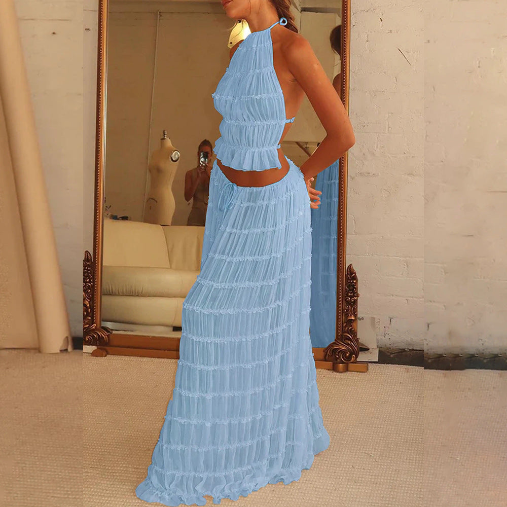 2Pc Backless Halter Crop Top & Long Skirt Set 🌴