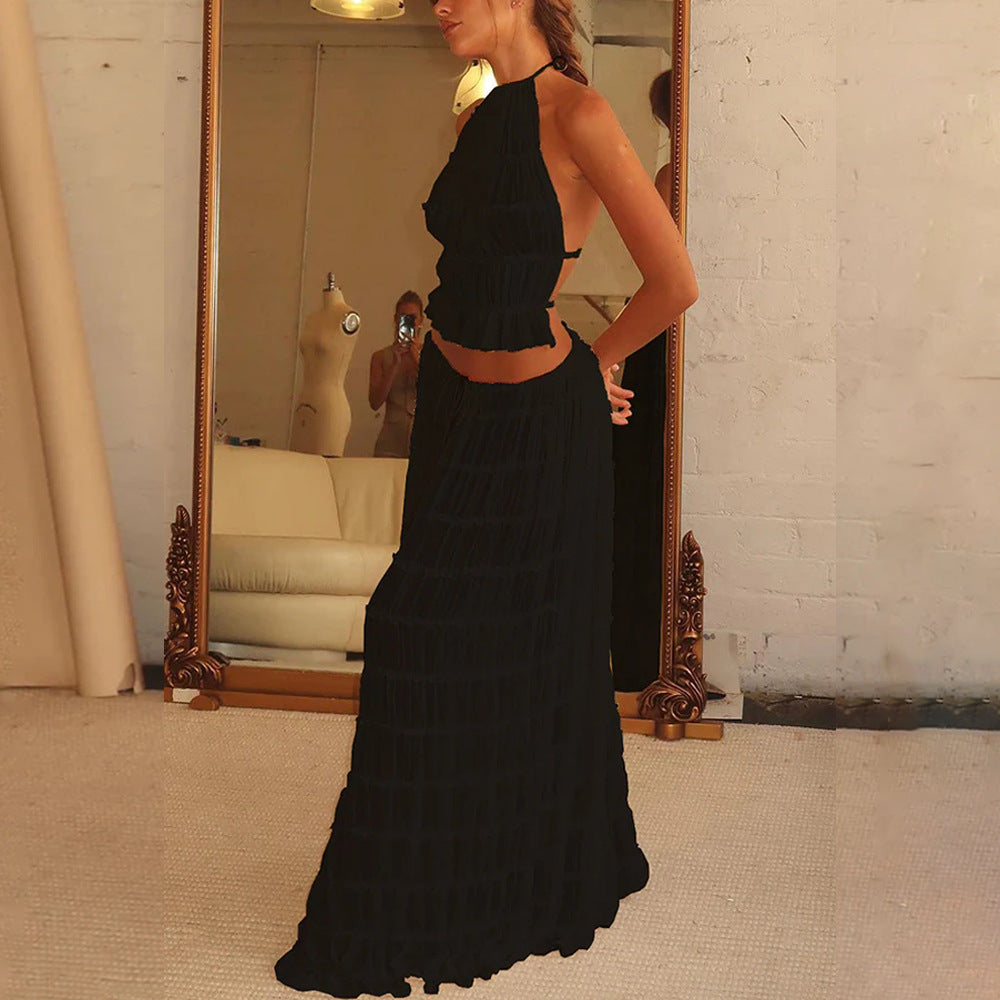 2Pc Backless Halter Crop Top & Long Skirt Set 🌴
