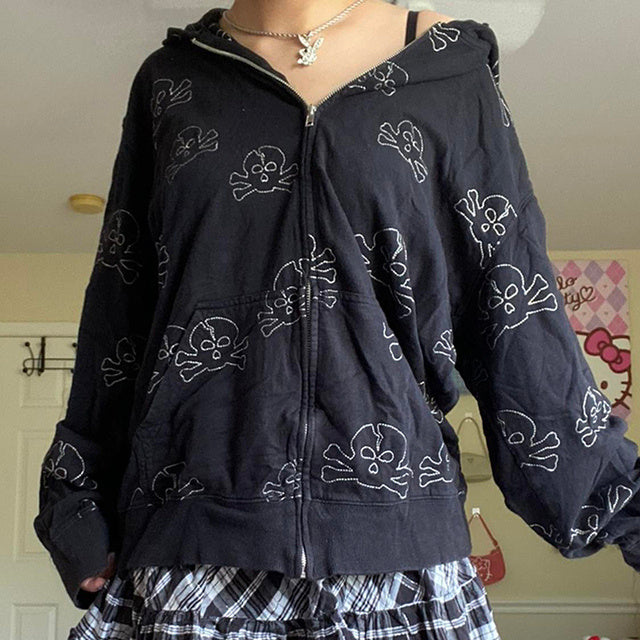 90s Vintage Print Black Sweatshirt Zipper Long Sleeve