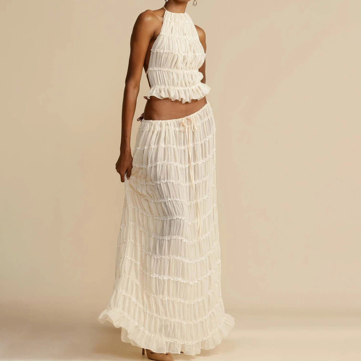 2Pc Backless Halter Crop Top & Long Skirt Set 🌴