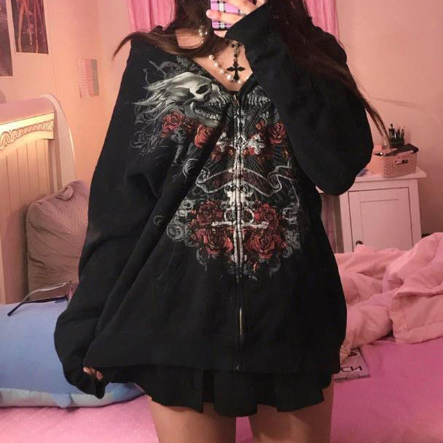 90s Vintage Print Black Sweatshirt Zipper Long Sleeve