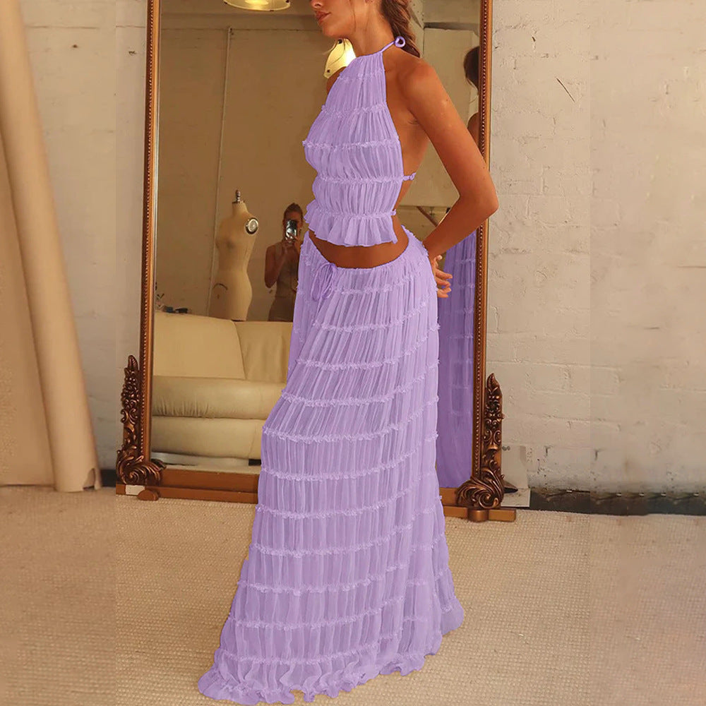 2Pc Backless Halter Crop Top & Long Skirt Set 🌴