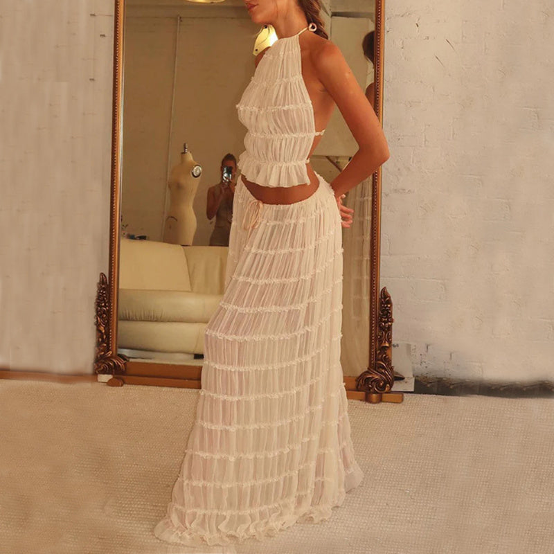2Pc Backless Halter Crop Top & Long Skirt Set 🌴