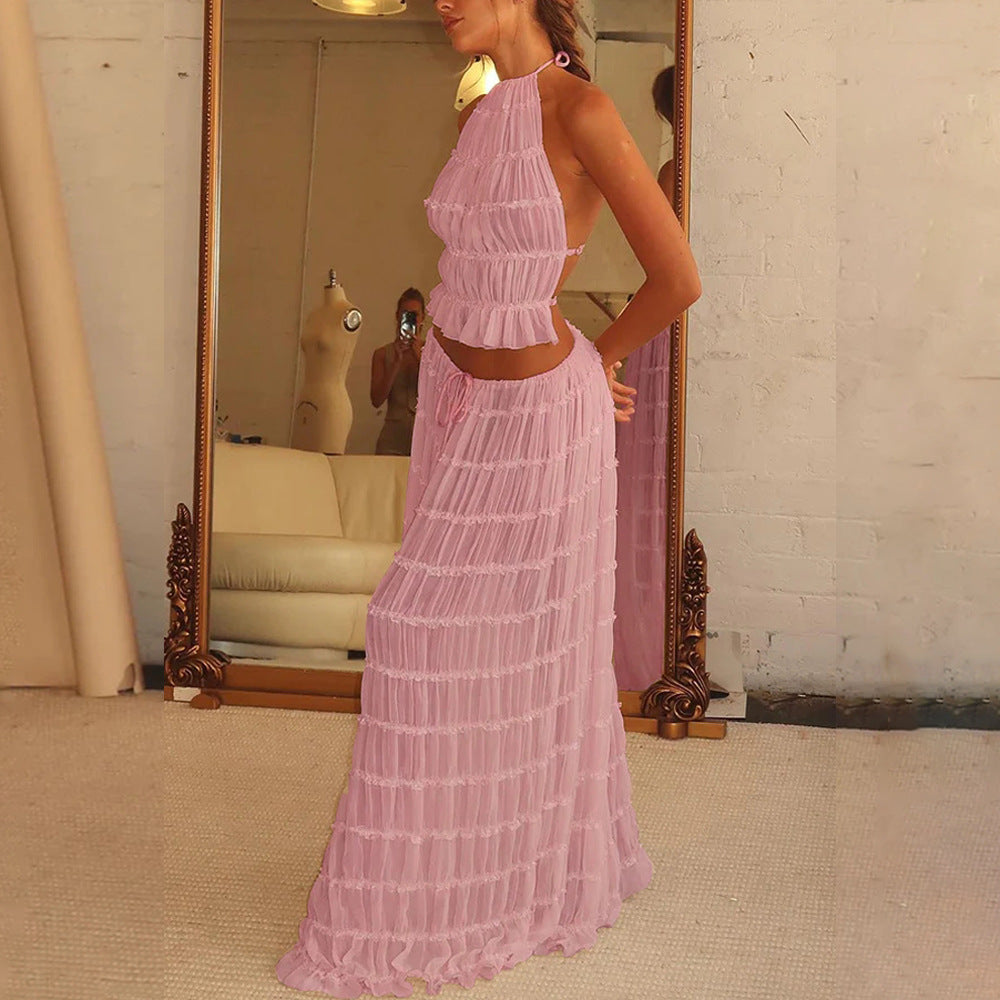 2Pc Backless Halter Crop Top & Long Skirt Set 🌴