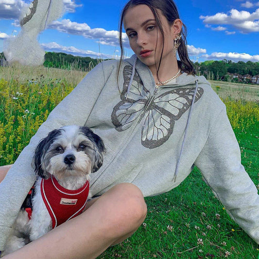 Butterfly Rhinestone Zip-Up Hoodie – Oversized 90s E-Girl Streetwear (Grey)