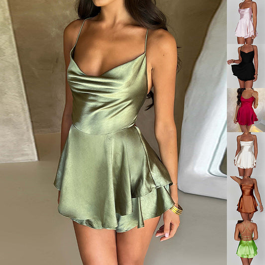 Satin Lace-Up Backless A-Line Mini Dress 💖