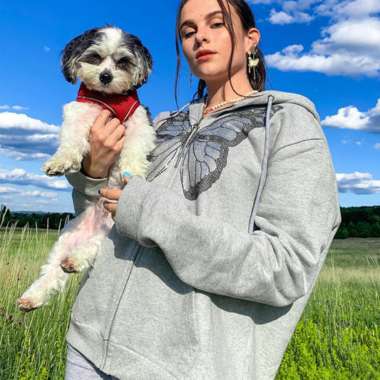 Butterfly Rhinestone Zip-Up Hoodie – Oversized 90s E-Girl Streetwear (Grey)