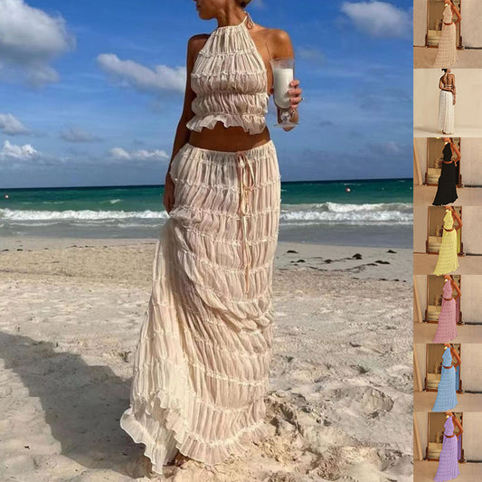 2Pc Backless Halter Crop Top & Long Skirt Set 🌴