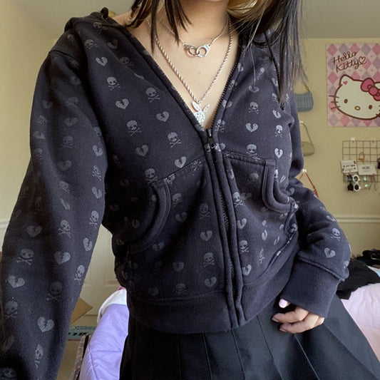 90s Vintage  Print Black Sweatshirt Zipper Long Sleeve