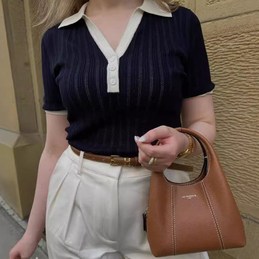 Women's Fashion Polo Collar V-neck Slimming  Top