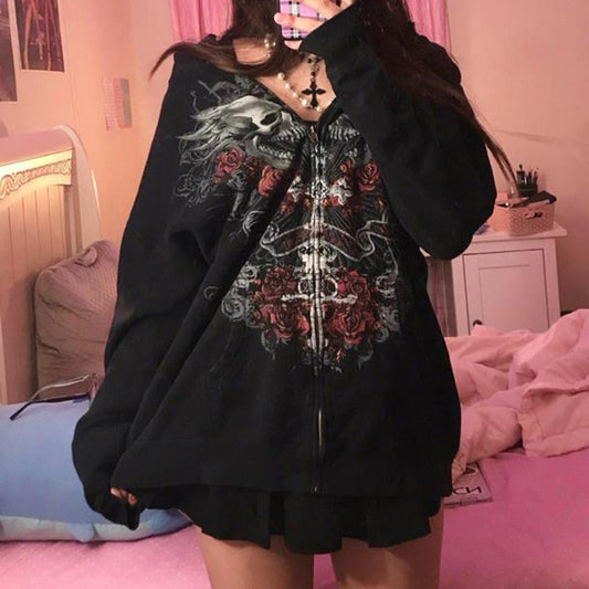 90s Vintage  Print Black Sweatshirt Zipper Long Sleeve